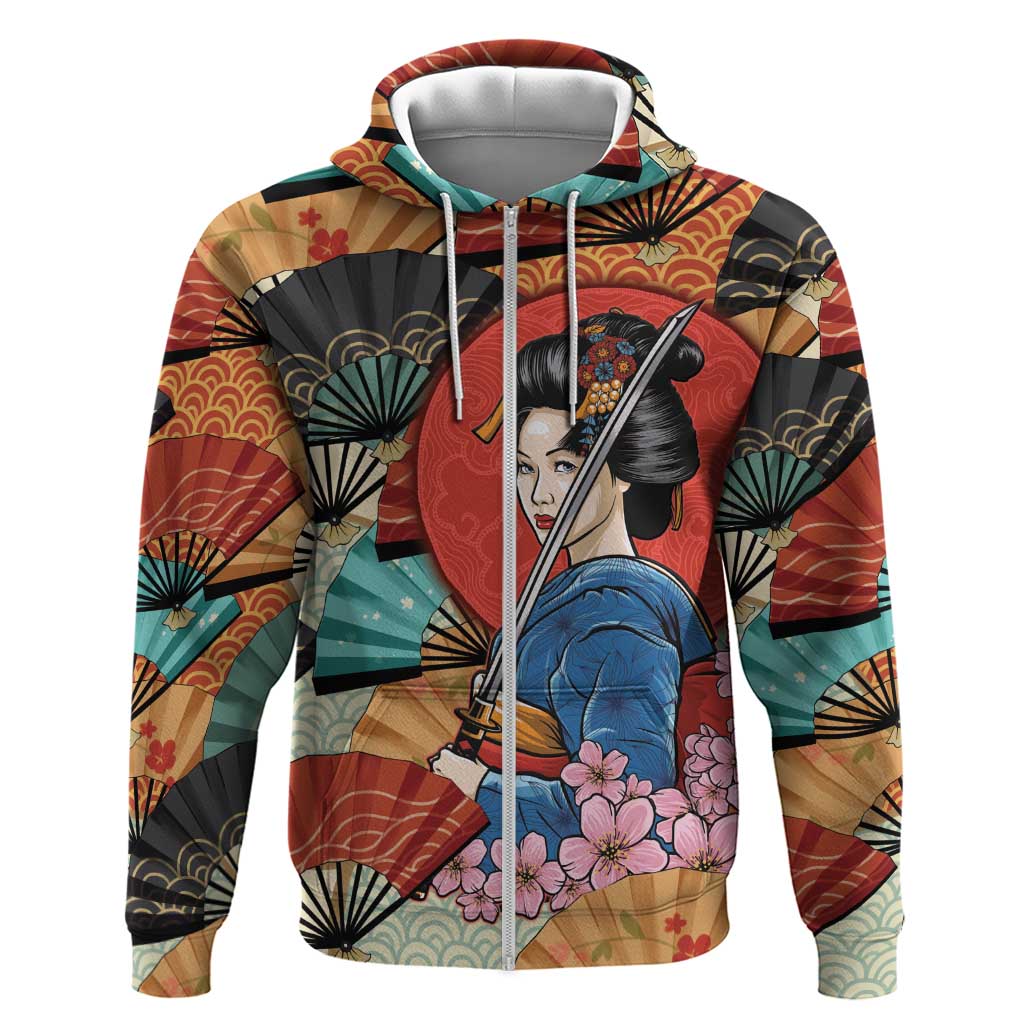 Japanese Geisha Katana Zip Hoodie Japan Sensu Seigaiha Pattern - Polynesian Pride