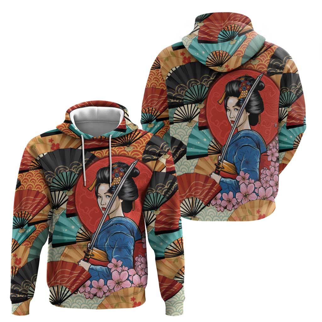 Japanese Geisha Katana Zip Hoodie Japan Sensu Seigaiha Pattern - Polynesian Pride