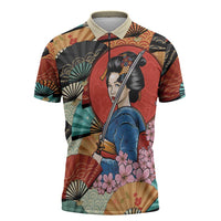 Japanese Geisha Katana Zipper Polo Shirt Japan Sensu Seigaiha Pattern - Polynesian Pride