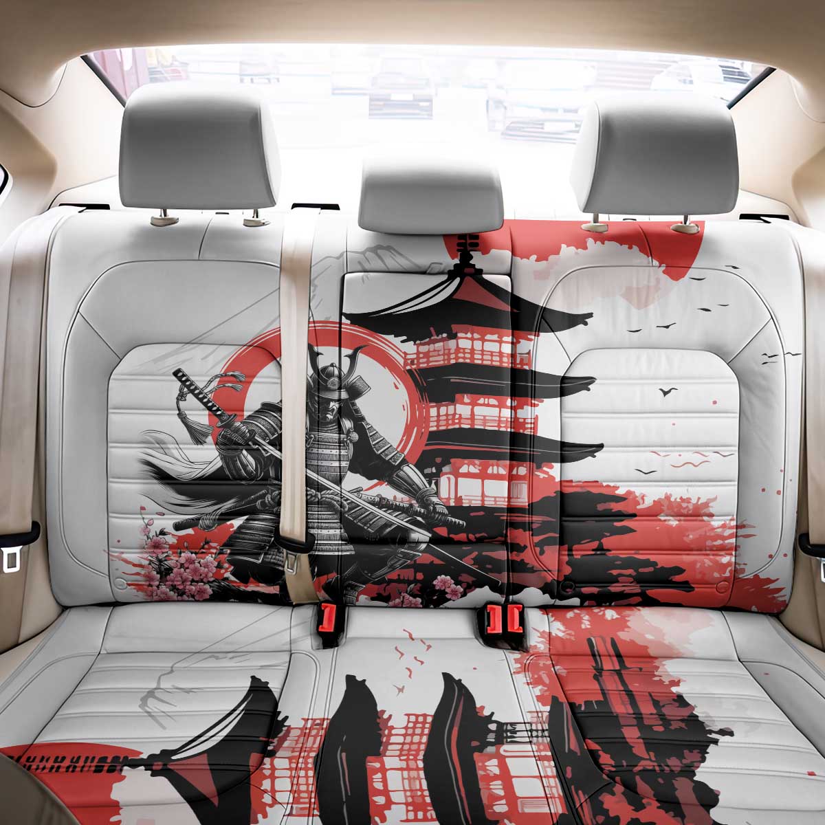 Japanese Samurai Warrior Enso Back Car Seat Cover Japan Pagoda Sakura Watercolor - Polynesian Pride