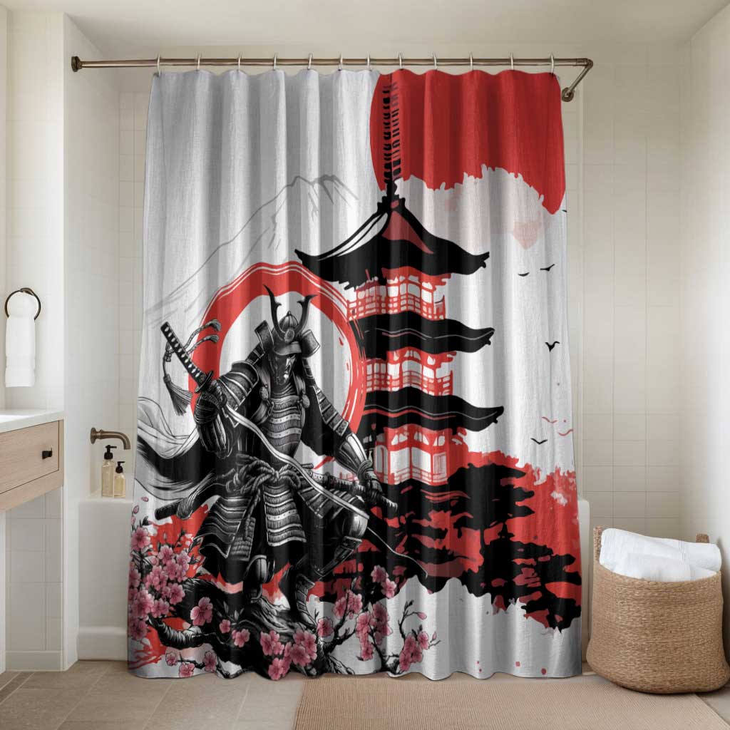 Japanese Samurai Warrior Enso Bathroom Set Japan Pagoda Sakura Watercolor LT14 Shower Curtain Only White - Polynesian Pride
