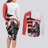 Japanese Samurai Warrior Enso Couples Matching Long Sleeve Bodycon Dress and Long Sleeve Button Shirt Japan Pagoda Sakura Watercolor LT14 - Polynesian Pride