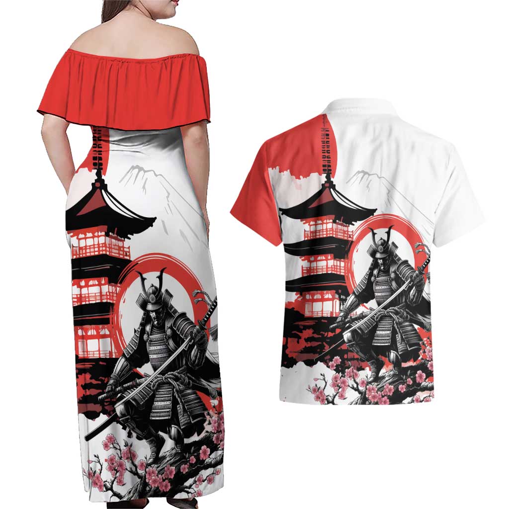 Japanese Samurai Warrior Enso Couples Matching Off Shoulder Maxi Dress and Hawaiian Shirt Japan Pagoda Sakura Watercolor LT14 - Polynesian Pride