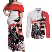 Japanese Samurai Warrior Enso Couples Matching Off Shoulder Maxi Dress and Long Sleeve Button Shirt Japan Pagoda Sakura Watercolor LT14 White - Polynesian Pride