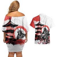 Japanese Samurai Warrior Enso Couples Matching Off Shoulder Short Dress and Hawaiian Shirt Japan Pagoda Sakura Watercolor LT14 - Polynesian Pride
