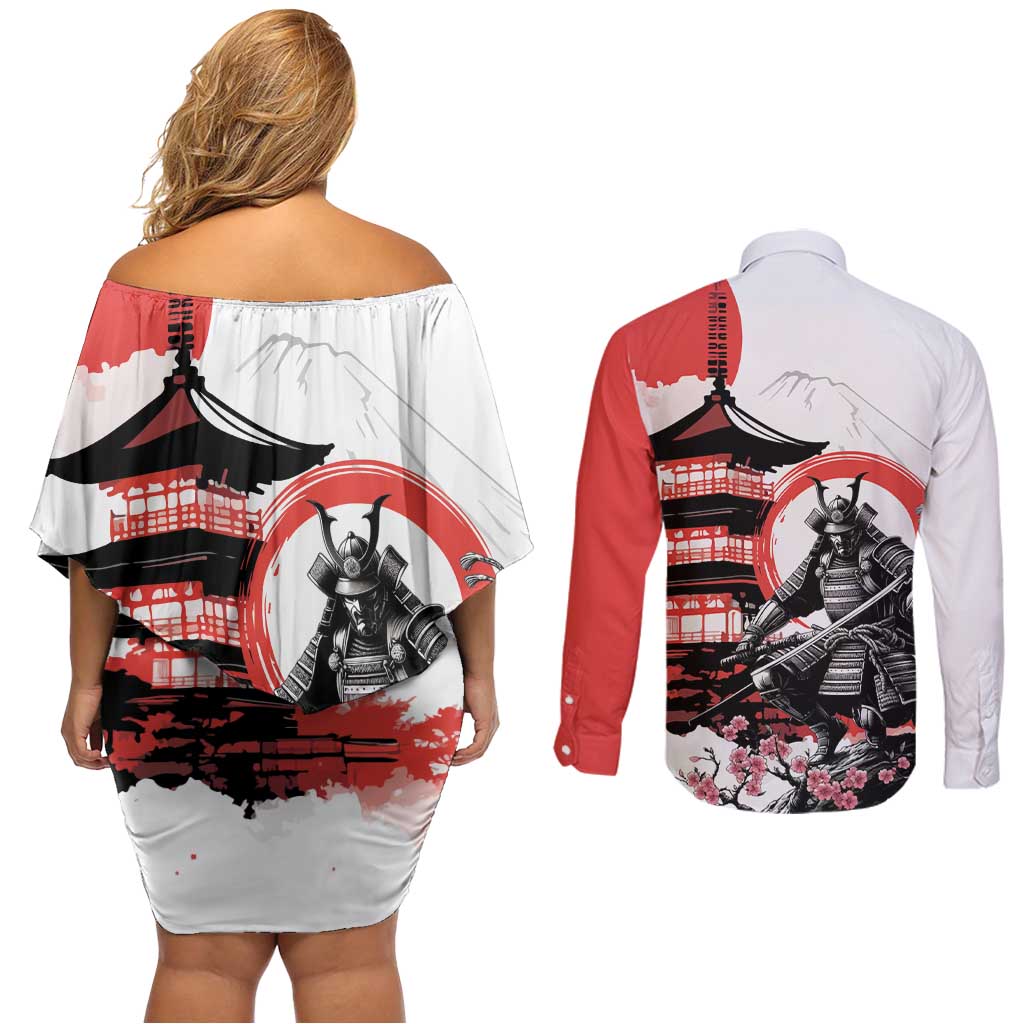 Japanese Samurai Warrior Enso Couples Matching Off Shoulder Short Dress and Long Sleeve Button Shirt Japan Pagoda Sakura Watercolor LT14 - Polynesian Pride