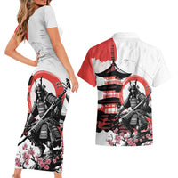 Japanese Samurai Warrior Enso Couples Matching Short Sleeve Bodycon Dress and Hawaiian Shirt Japan Pagoda Sakura Watercolor LT14 - Polynesian Pride