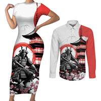 Japanese Samurai Warrior Enso Couples Matching Short Sleeve Bodycon Dress and Long Sleeve Button Shirt Japan Pagoda Sakura Watercolor LT14 White - Polynesian Pride