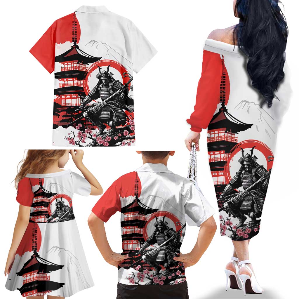 Japanese Samurai Warrior Enso Family Matching Off The Shoulder Long Sleeve Dress and Hawaiian Shirt Japan Pagoda Sakura Watercolor LT14 - Polynesian Pride