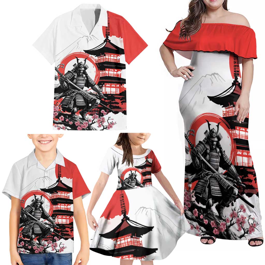 Japanese Samurai Warrior Enso Family Matching Off Shoulder Maxi Dress and Hawaiian Shirt Japan Pagoda Sakura Watercolor LT14 - Polynesian Pride