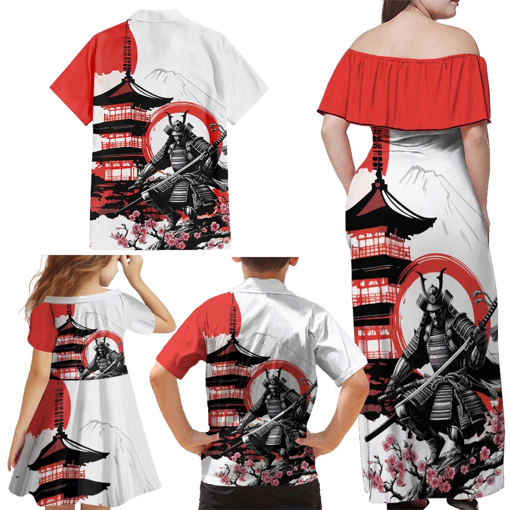 Japanese Samurai Warrior Enso Family Matching Off Shoulder Maxi Dress and Hawaiian Shirt Japan Pagoda Sakura Watercolor LT14 - Polynesian Pride