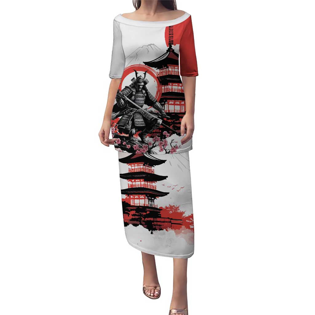 Japanese Samurai Warrior Enso Family Matching Puletasi and Hawaiian Shirt Japan Pagoda Sakura Watercolor LT14 Mom's Dress White - Polynesian Pride