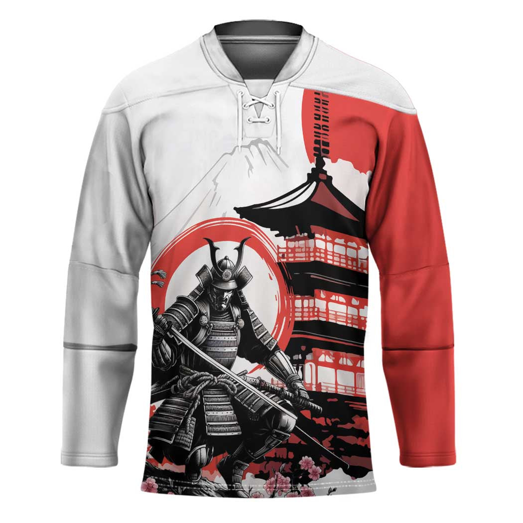 Japanese Samurai Warrior Enso Hockey Jersey Japan Pagoda Sakura Watercolor LT14 Unisex White - Polynesian Pride