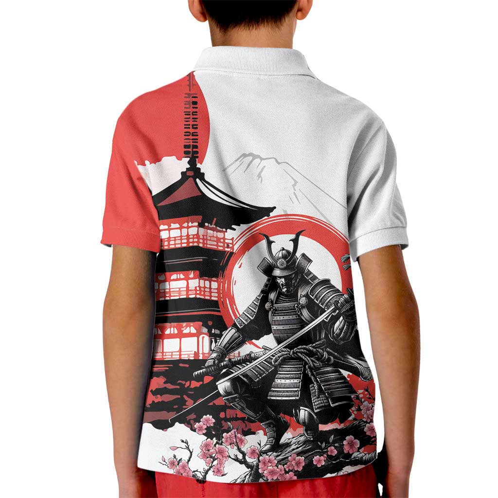 Japanese Samurai Warrior Enso Kid Polo Shirt Japan Pagoda Sakura Watercolor - Polynesian Pride