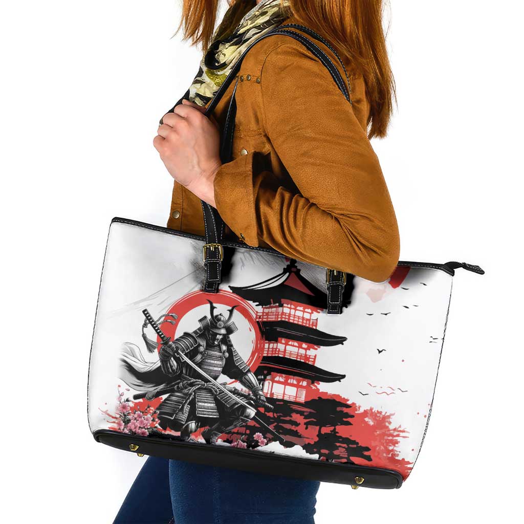 Japanese Samurai Warrior Enso Leather Tote Bag Japan Pagoda Sakura Watercolor LT14 White - Polynesian Pride