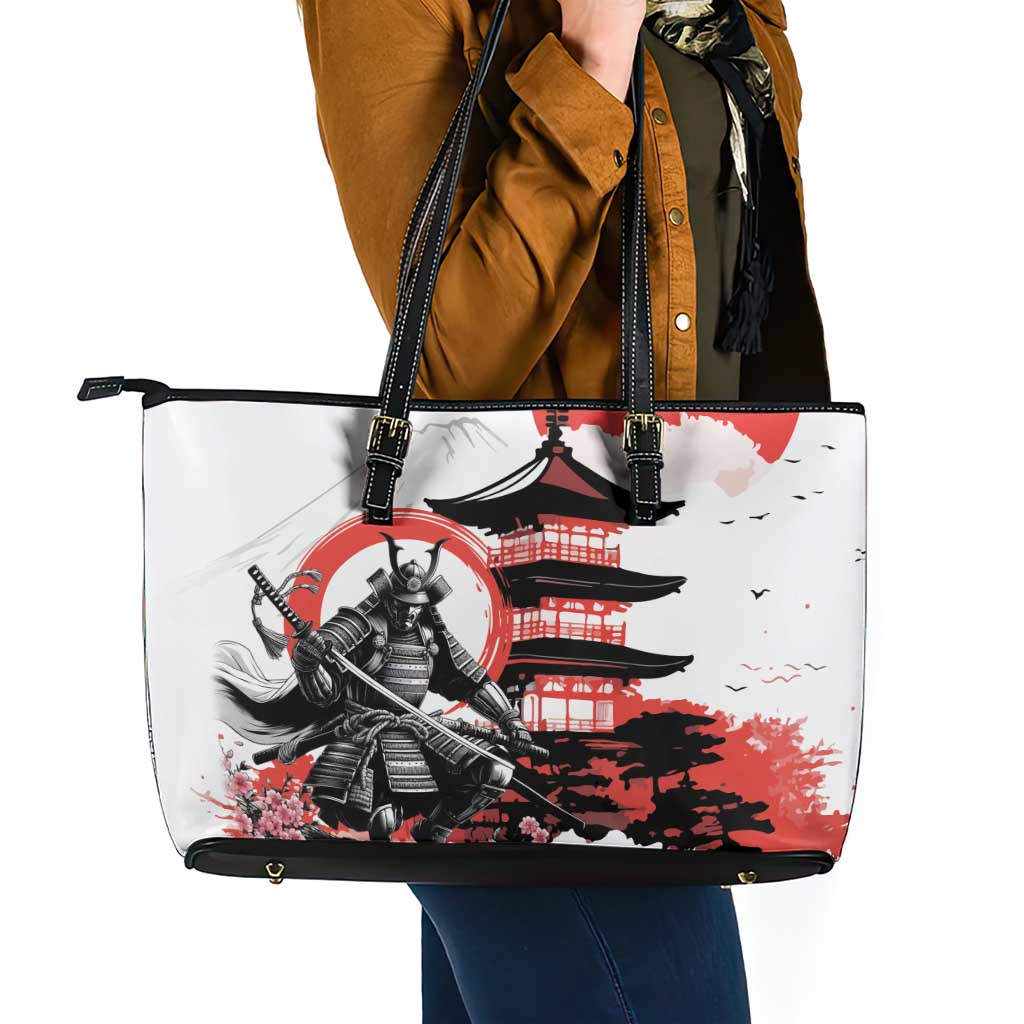 Japanese Samurai Warrior Enso Leather Tote Bag Japan Pagoda Sakura Watercolor LT14 - Polynesian Pride