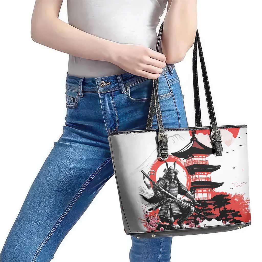 Japanese Samurai Warrior Enso Leather Tote Bag Japan Pagoda Sakura Watercolor LT14 - Polynesian Pride