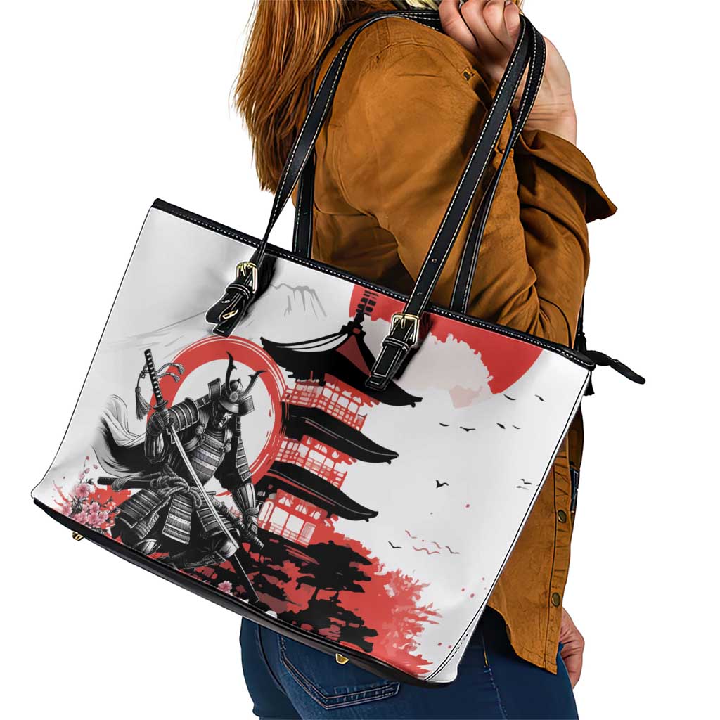 Japanese Samurai Warrior Enso Leather Tote Bag Japan Pagoda Sakura Watercolor LT14 - Polynesian Pride