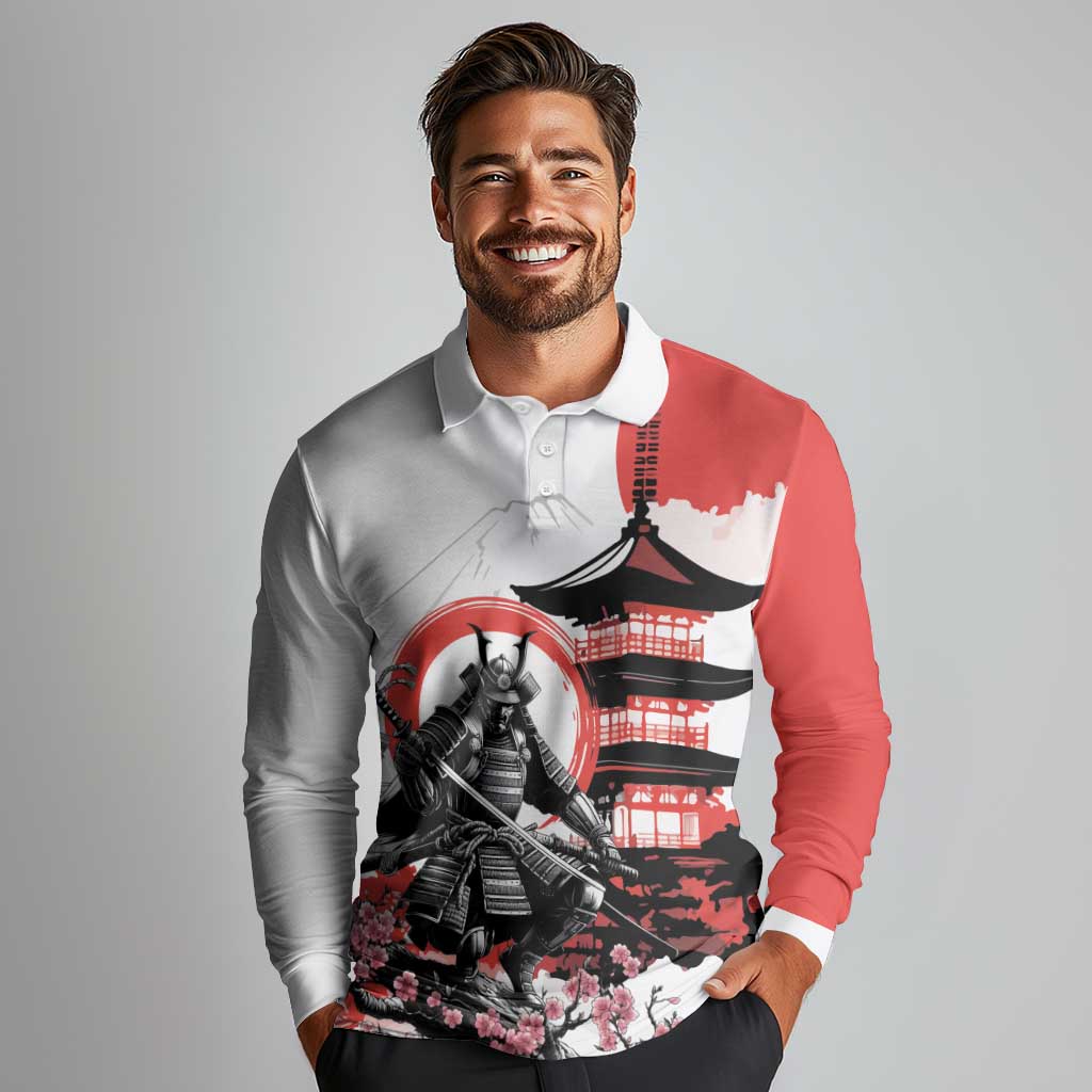 Japanese Samurai Warrior Enso Long Sleeve Polo Shirt Japan Pagoda Sakura Watercolor - Polynesian Pride