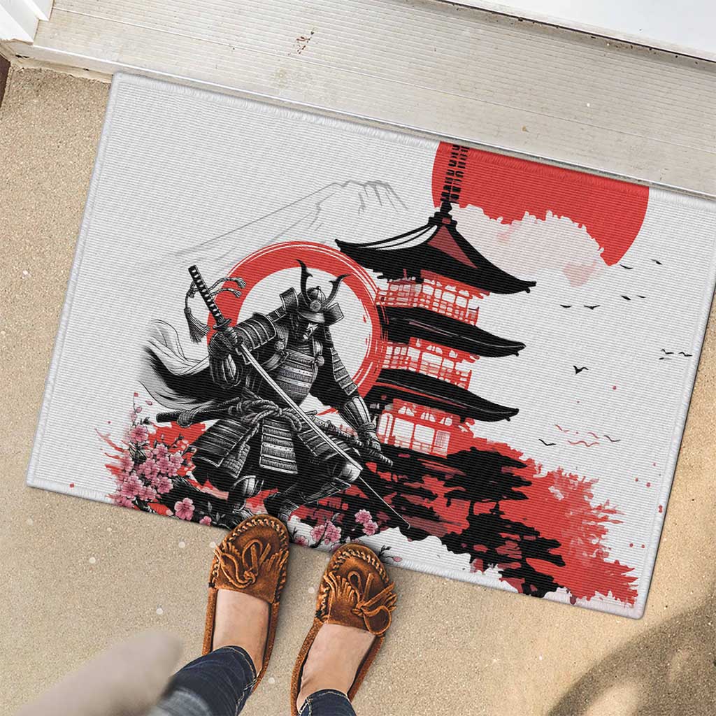 Japanese Samurai Warrior Enso Rubber Doormat Japan Pagoda Sakura Watercolor - Polynesian Pride