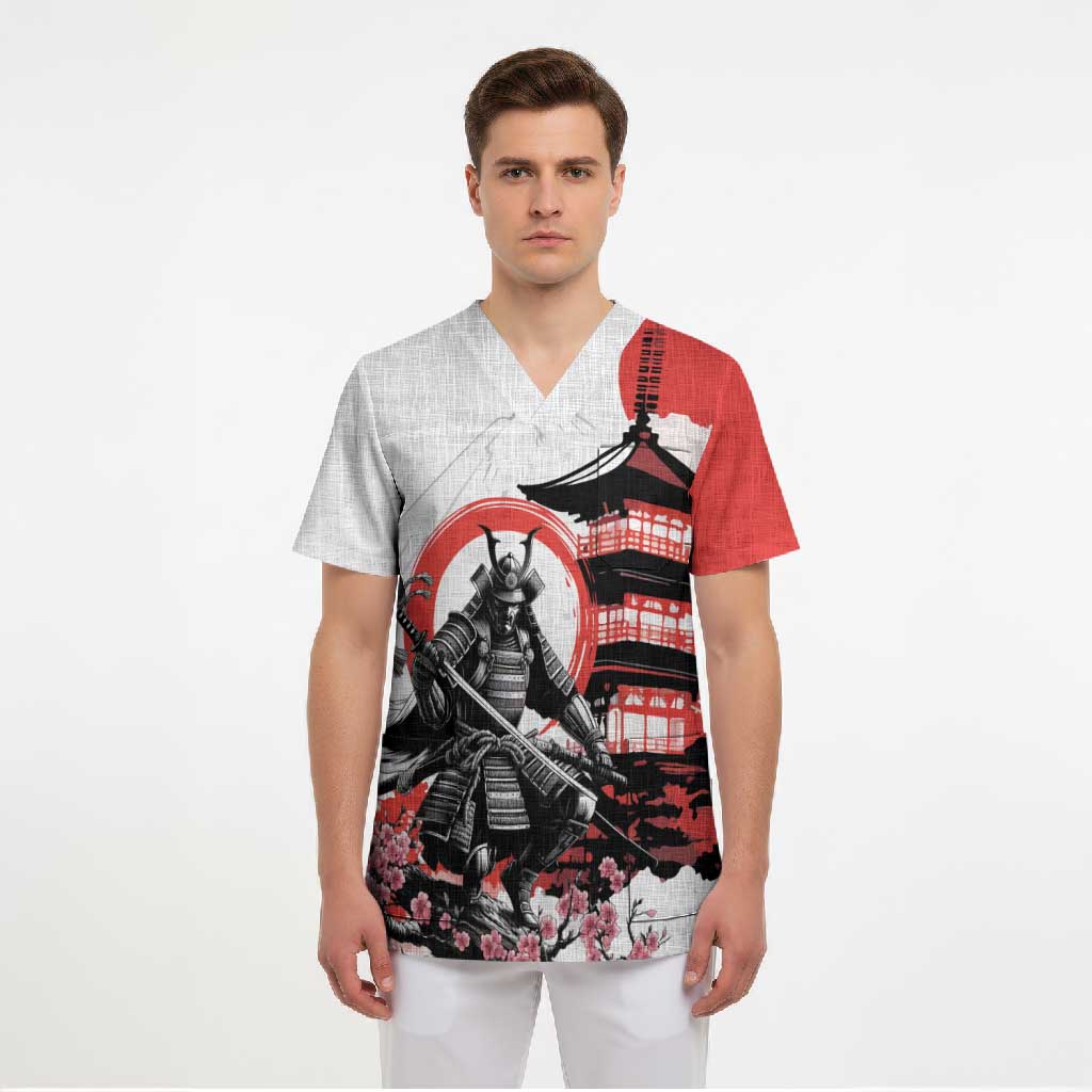 Japanese Samurai Warrior Enso Scrub Top Japan Pagoda Sakura Watercolor - Polynesian Pride
