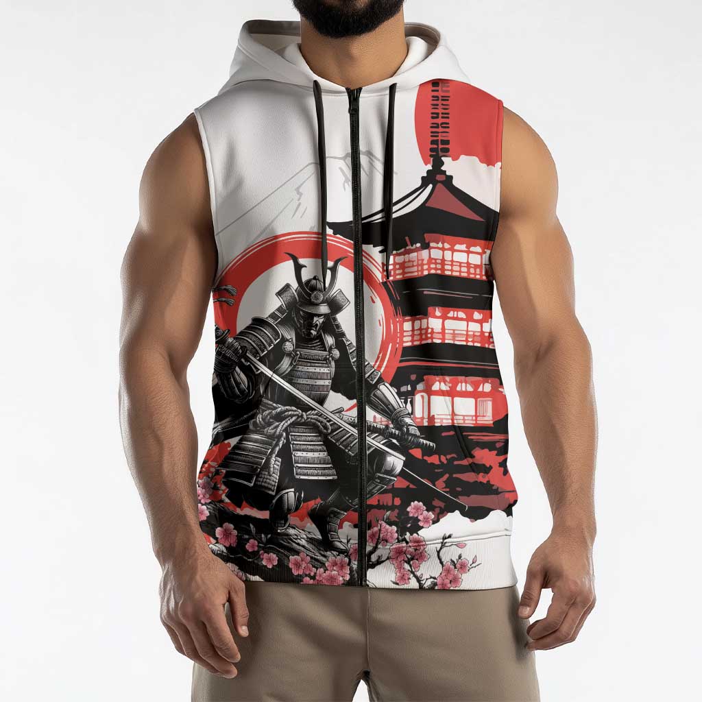 Japanese Samurai Warrior Enso Sleeveless Zip Hoodie Japan Pagoda Sakura Watercolor - Polynesian Pride