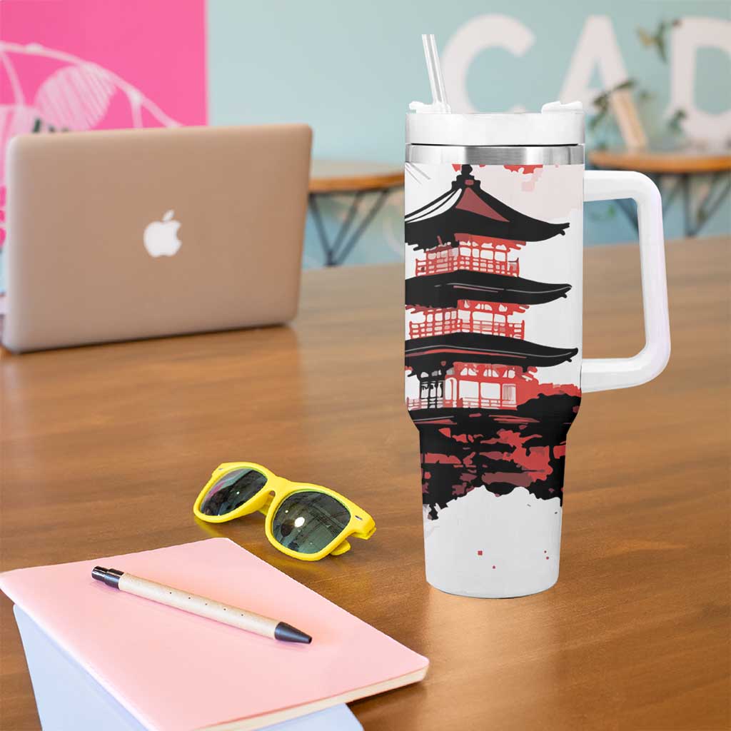 Japanese Samurai Warrior Enso Tumbler With Handle Japan Pagoda Sakura Watercolor LT14 - Polynesian Pride