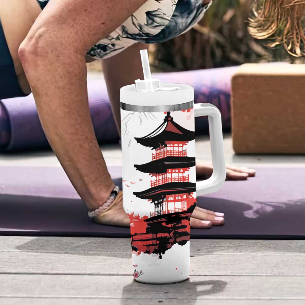 Japanese Samurai Warrior Enso Tumbler With Handle Japan Pagoda Sakura Watercolor LT14 - Polynesian Pride