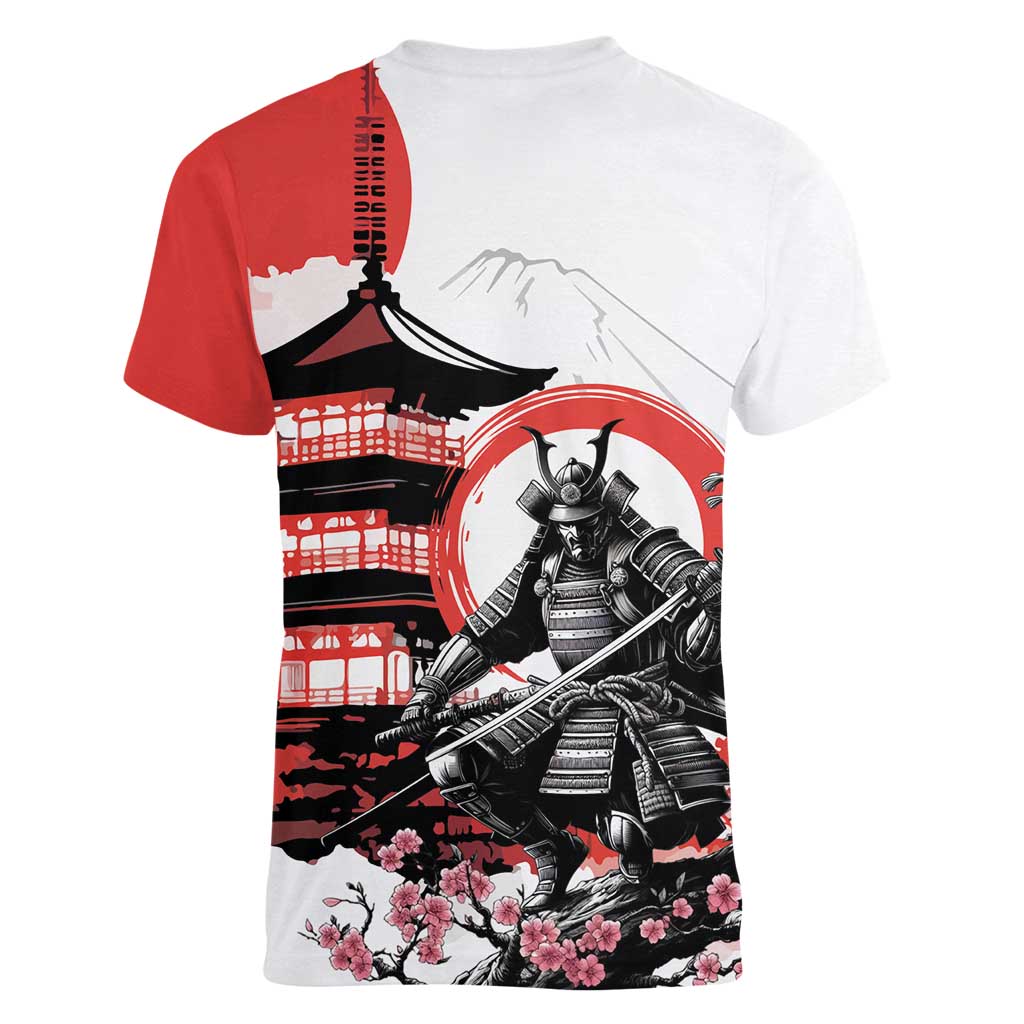 Japanese Samurai Warrior Enso Women V-Neck T-Shirt Japan Pagoda Sakura Watercolor LT14 - Polynesian Pride