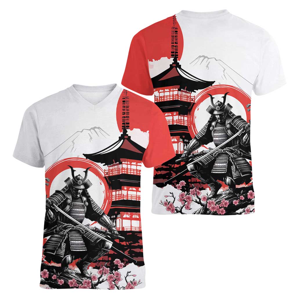 Japanese Samurai Warrior Enso Women V-Neck T-Shirt Japan Pagoda Sakura Watercolor LT14 - Polynesian Pride