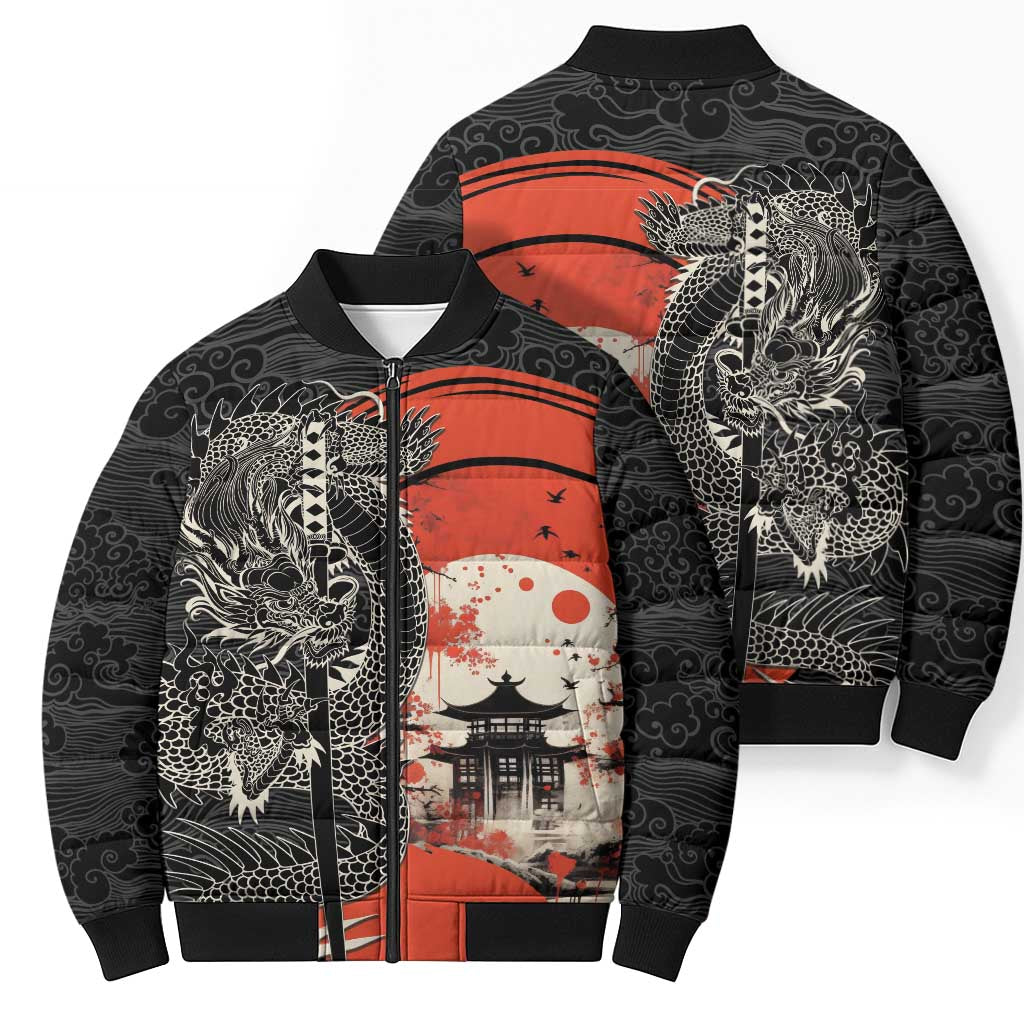 Japanese Dragon Katana Enso Bomber Puffer Jacket Japan Pagoda Seamless Cloud - Polynesian Pride