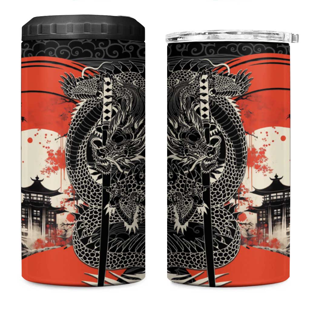 Japanese Dragon Katana Enso 4 in 1 Can Cooler Tumbler Japan Pagoda Seamless Cloud LT14 One Size: 16 oz Black - Polynesian Pride