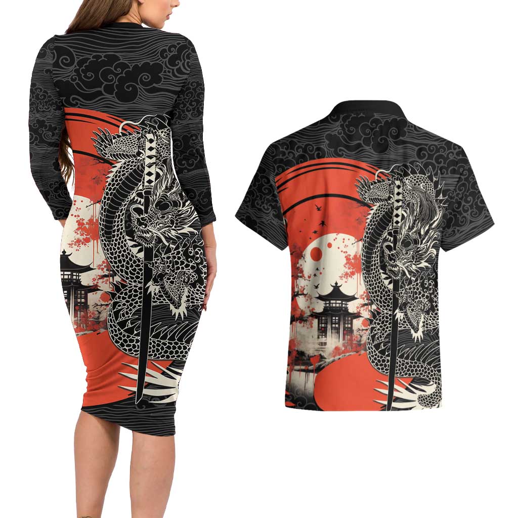 Japanese Dragon Katana Enso Couples Matching Long Sleeve Bodycon Dress and Hawaiian Shirt Japan Pagoda Seamless Cloud LT14 - Polynesian Pride
