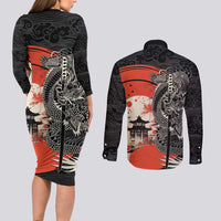 Japanese Dragon Katana Enso Couples Matching Long Sleeve Bodycon Dress and Long Sleeve Button Shirt Japan Pagoda Seamless Cloud LT14 - Polynesian Pride