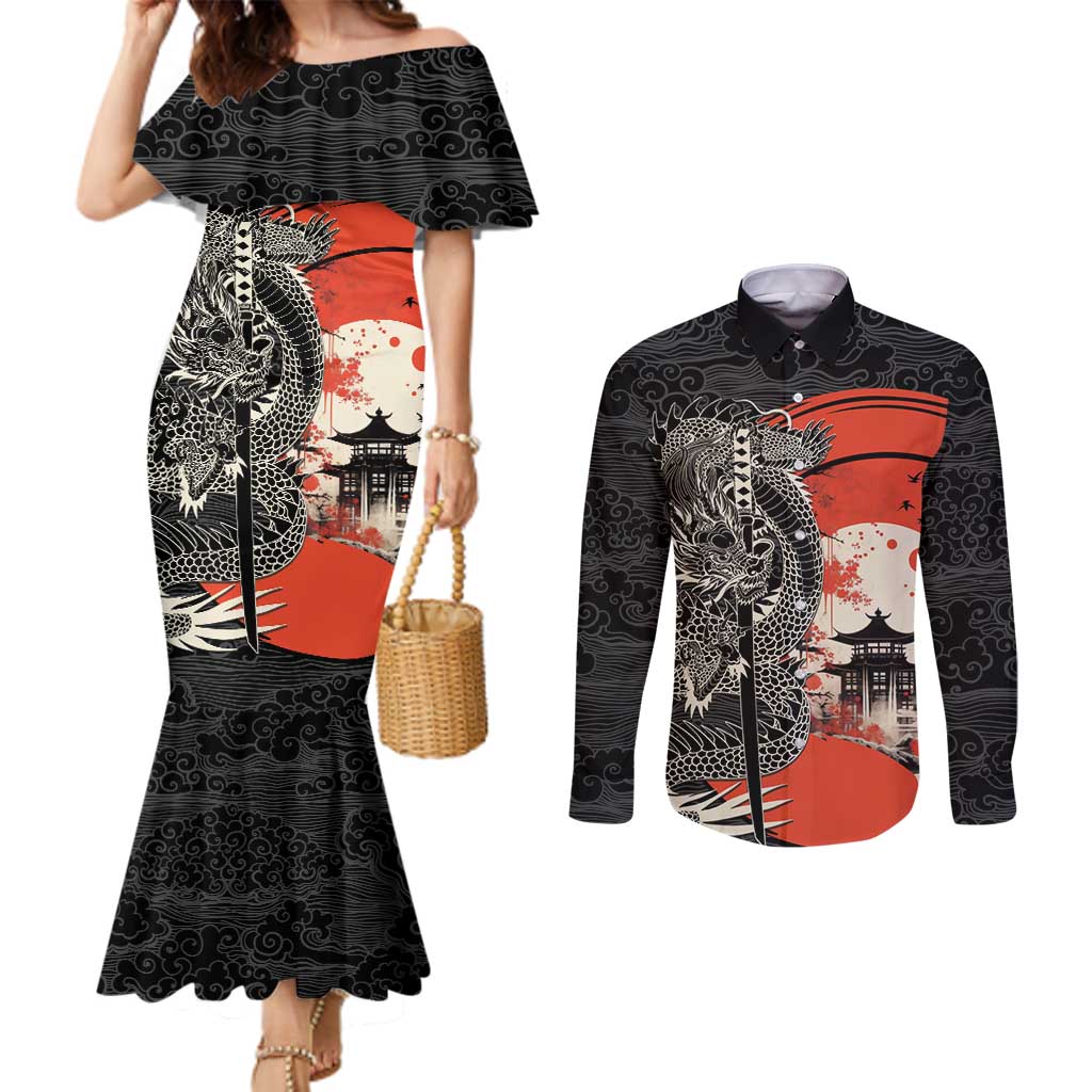Japanese Dragon Katana Enso Couples Matching Mermaid Dress and Long Sleeve Button Shirt Japan Pagoda Seamless Cloud LT14 Black - Polynesian Pride