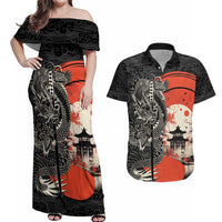 Japanese Dragon Katana Enso Couples Matching Off Shoulder Maxi Dress and Hawaiian Shirt Japan Pagoda Seamless Cloud LT14 Black - Polynesian Pride