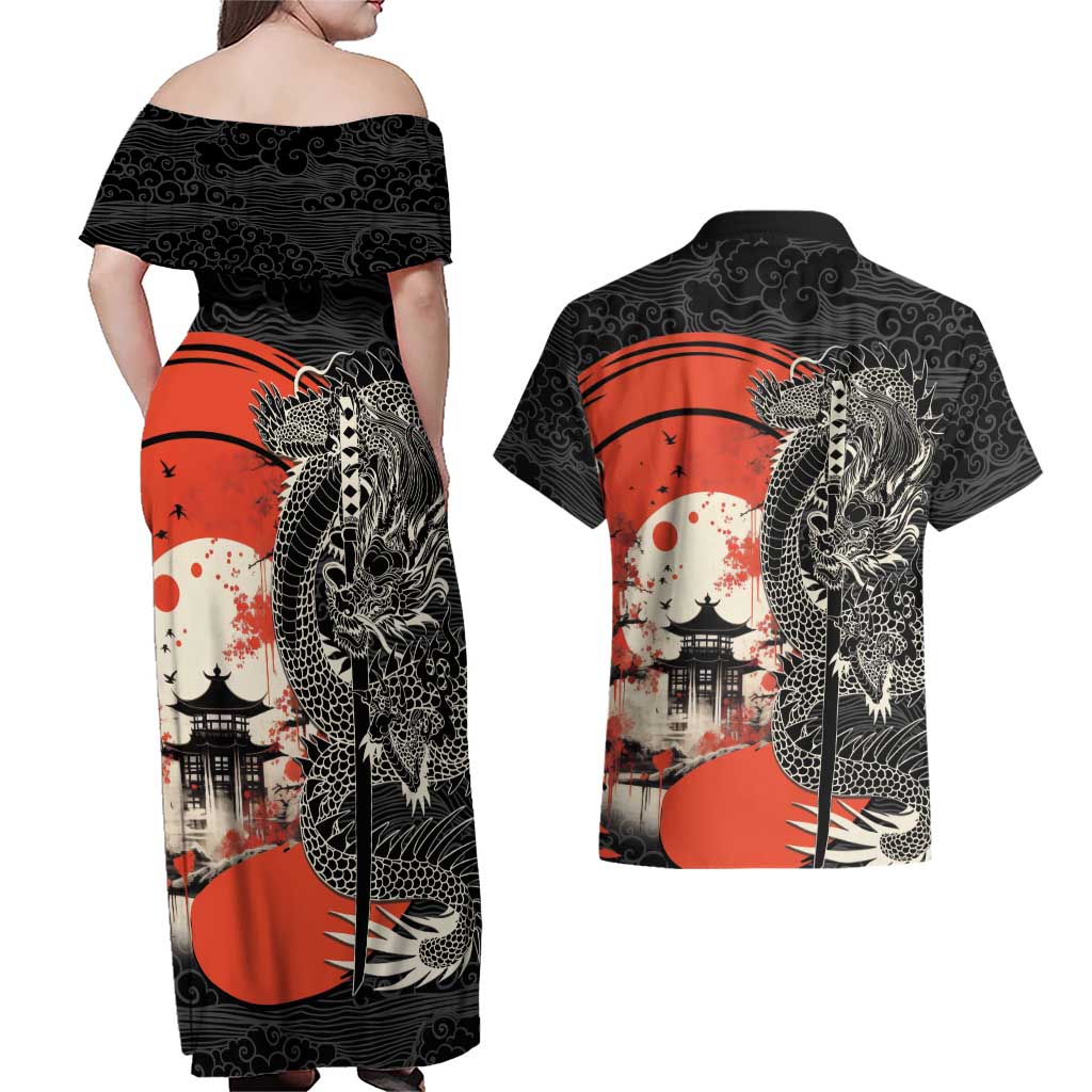 Japanese Dragon Katana Enso Couples Matching Off Shoulder Maxi Dress and Hawaiian Shirt Japan Pagoda Seamless Cloud LT14 - Polynesian Pride
