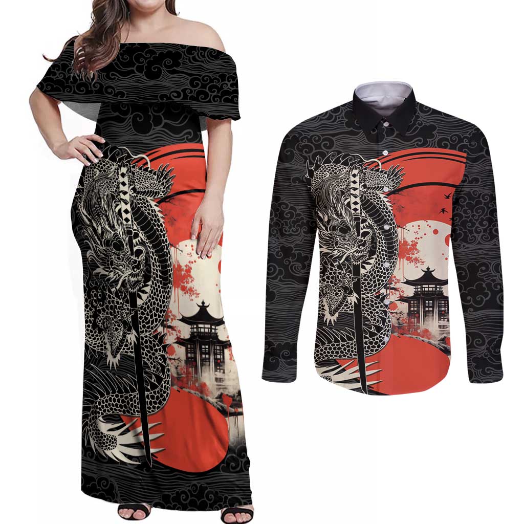 Japanese Dragon Katana Enso Couples Matching Off Shoulder Maxi Dress and Long Sleeve Button Shirt Japan Pagoda Seamless Cloud LT14 Black - Polynesian Pride