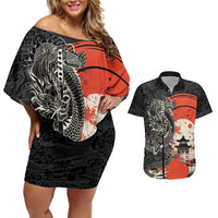 Japanese Dragon Katana Enso Couples Matching Off Shoulder Short Dress and Hawaiian Shirt Japan Pagoda Seamless Cloud LT14 Black - Polynesian Pride