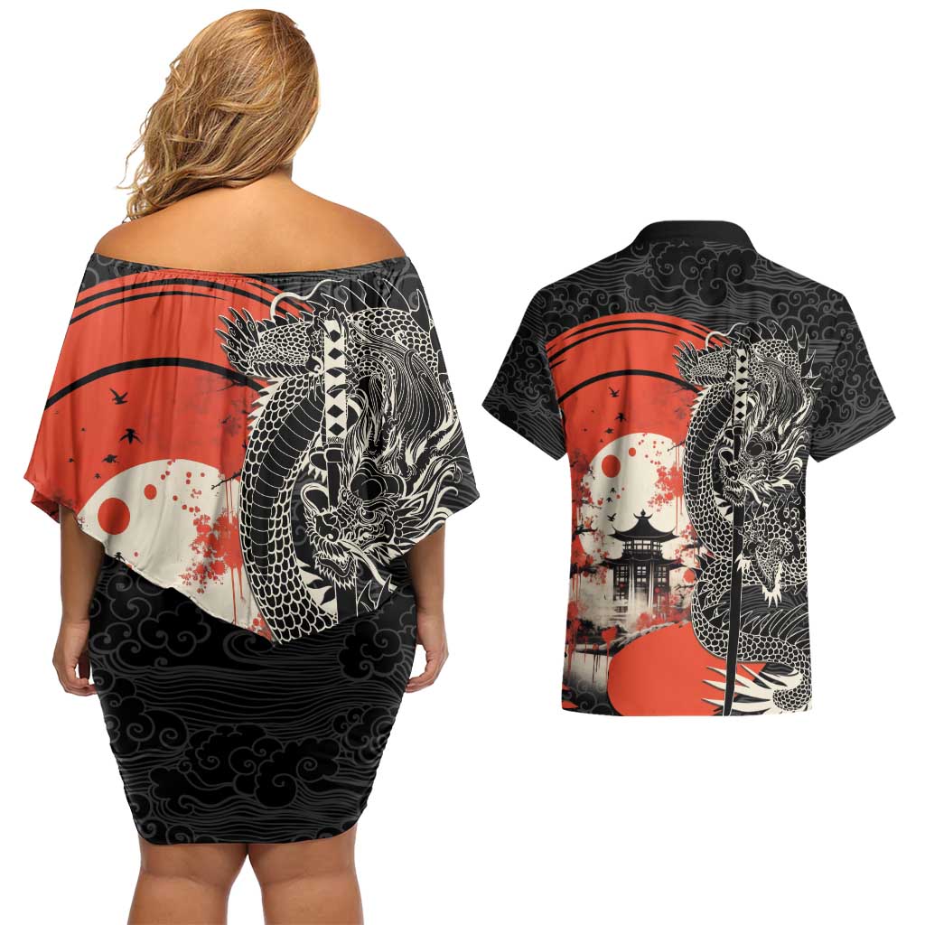 Japanese Dragon Katana Enso Couples Matching Off Shoulder Short Dress and Hawaiian Shirt Japan Pagoda Seamless Cloud LT14 - Polynesian Pride