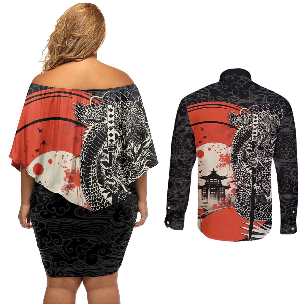 Japanese Dragon Katana Enso Couples Matching Off Shoulder Short Dress and Long Sleeve Button Shirt Japan Pagoda Seamless Cloud LT14 - Polynesian Pride