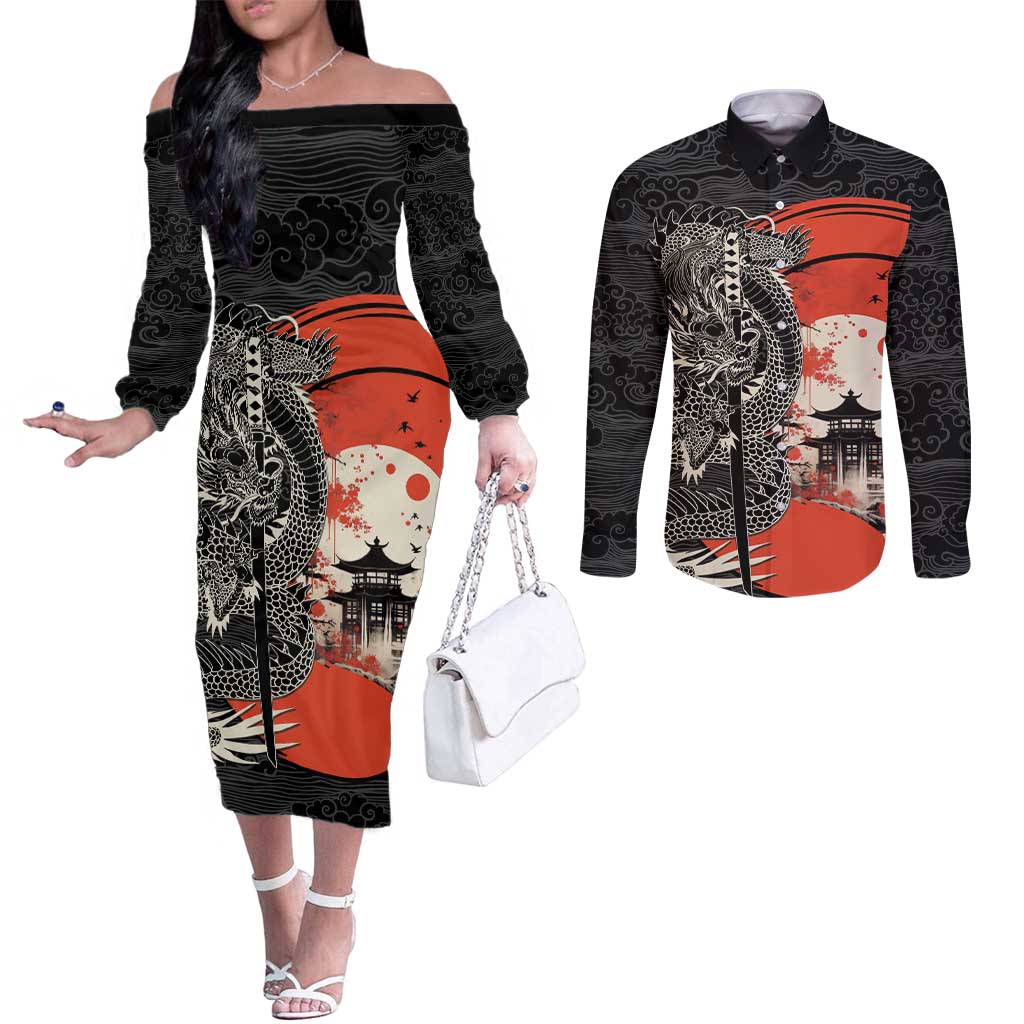 Japanese Dragon Katana Enso Couples Matching Off The Shoulder Long Sleeve Dress and Long Sleeve Button Shirt Japan Pagoda Seamless Cloud LT14 Black - Polynesian Pride