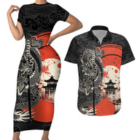 Japanese Dragon Katana Enso Couples Matching Short Sleeve Bodycon Dress and Hawaiian Shirt Japan Pagoda Seamless Cloud LT14 Black - Polynesian Pride