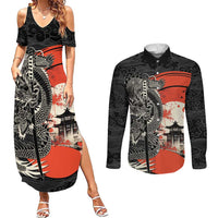Japanese Dragon Katana Enso Couples Matching Summer Maxi Dress and Long Sleeve Button Shirt Japan Pagoda Seamless Cloud LT14 Black - Polynesian Pride