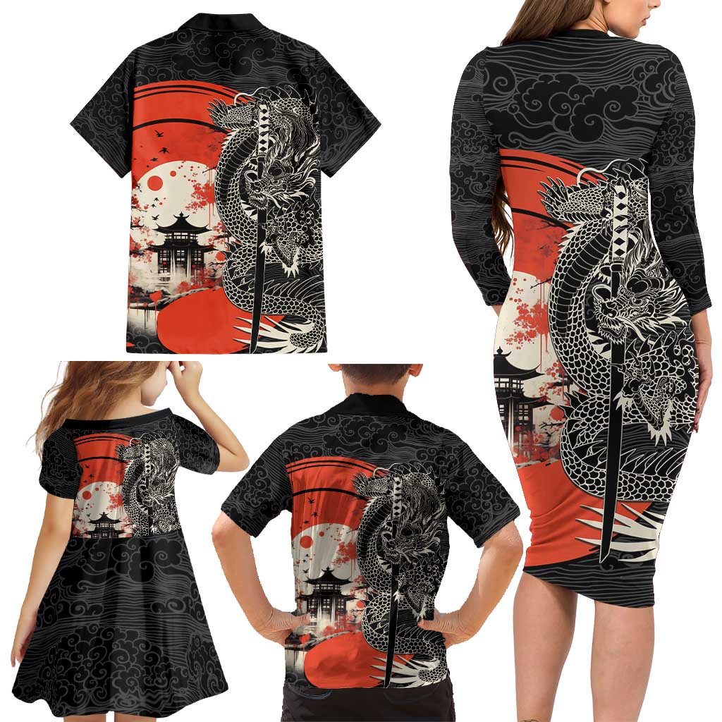 Japanese Dragon Katana Enso Family Matching Long Sleeve Bodycon Dress and Hawaiian Shirt Japan Pagoda Seamless Cloud LT14 - Polynesian Pride