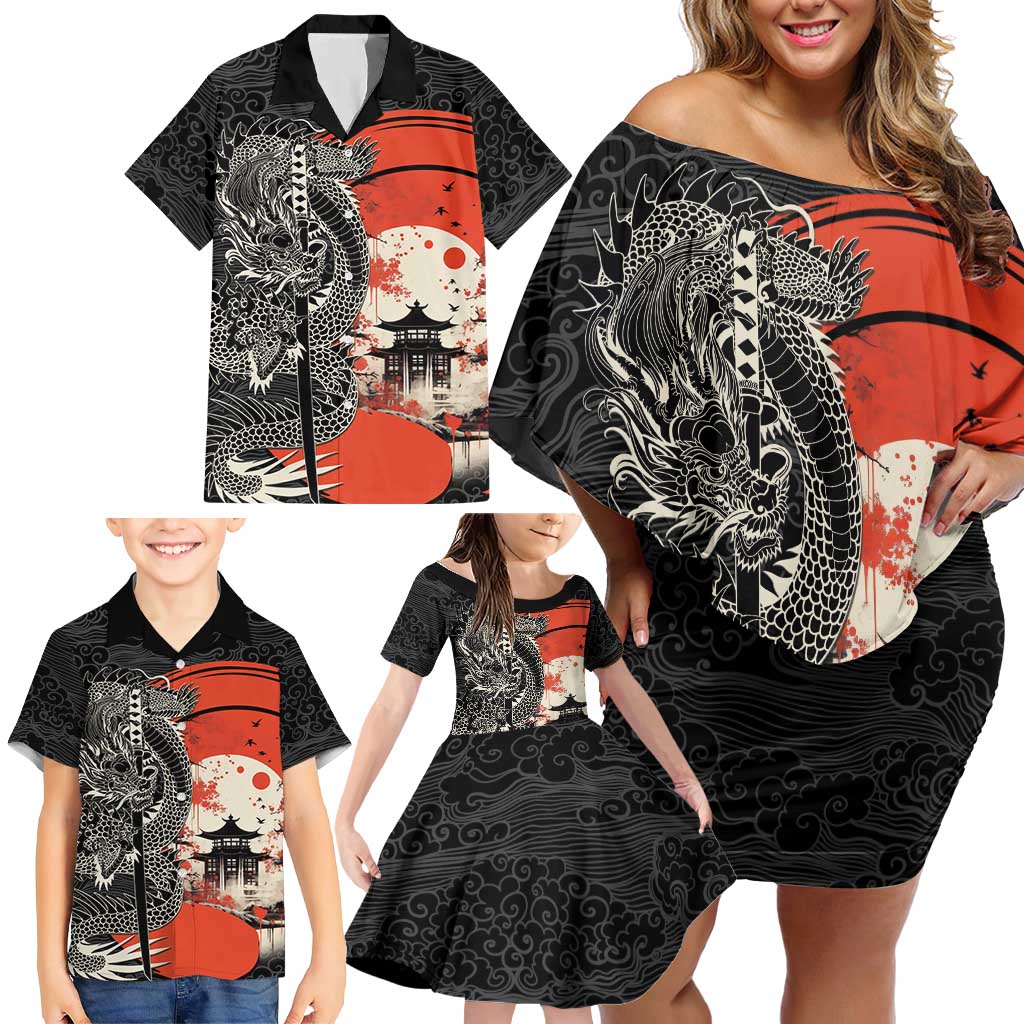 Japanese Dragon Katana Enso Family Matching Off Shoulder Short Dress and Hawaiian Shirt Japan Pagoda Seamless Cloud - Polynesian Pride