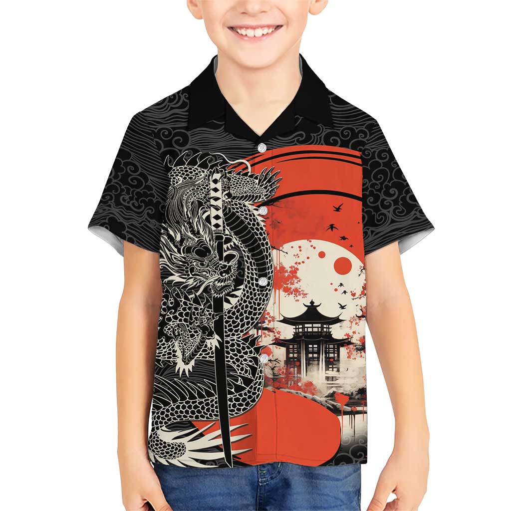 Japanese Dragon Katana Enso Family Matching Off Shoulder Short Dress and Hawaiian Shirt Japan Pagoda Seamless Cloud LT14 Son's Shirt Black - Polynesian Pride