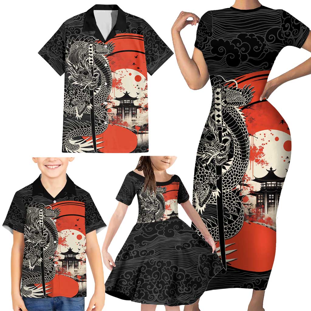 Japanese Dragon Katana Enso Family Matching Short Sleeve Bodycon Dress and Hawaiian Shirt Japan Pagoda Seamless Cloud LT14 - Polynesian Pride