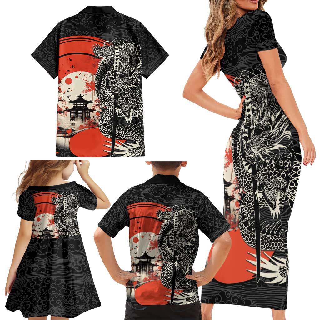 Japanese Dragon Katana Enso Family Matching Short Sleeve Bodycon Dress and Hawaiian Shirt Japan Pagoda Seamless Cloud LT14 - Polynesian Pride