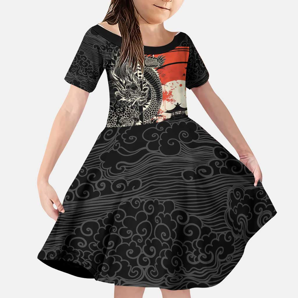 Japanese Dragon Katana Enso Family Matching Summer Maxi Dress and Hawaiian Shirt Japan Pagoda Seamless Cloud LT14 Daughter's Dress Black - Polynesian Pride